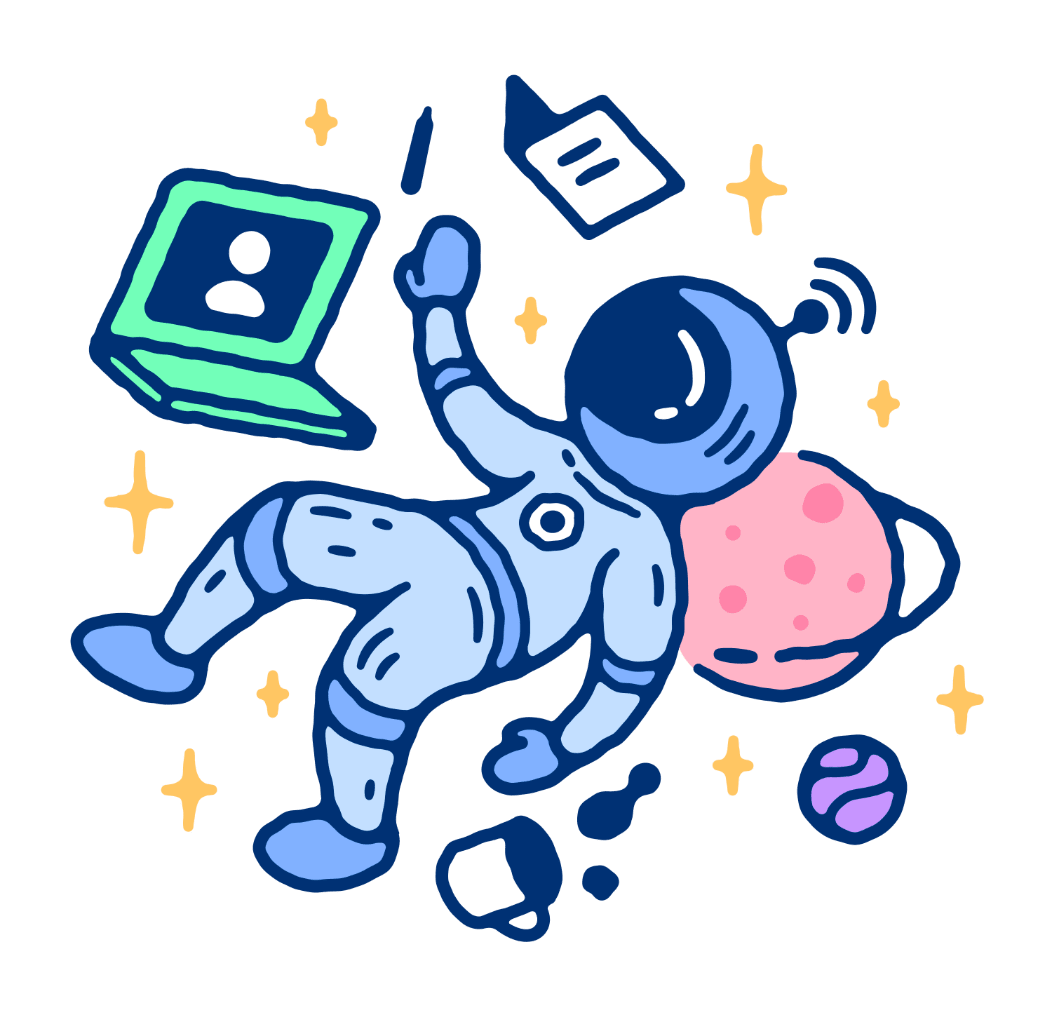 an astronaut resting his head on a planet with many moons that has many things such as a pen, book, laptop, notebook and coffee around him