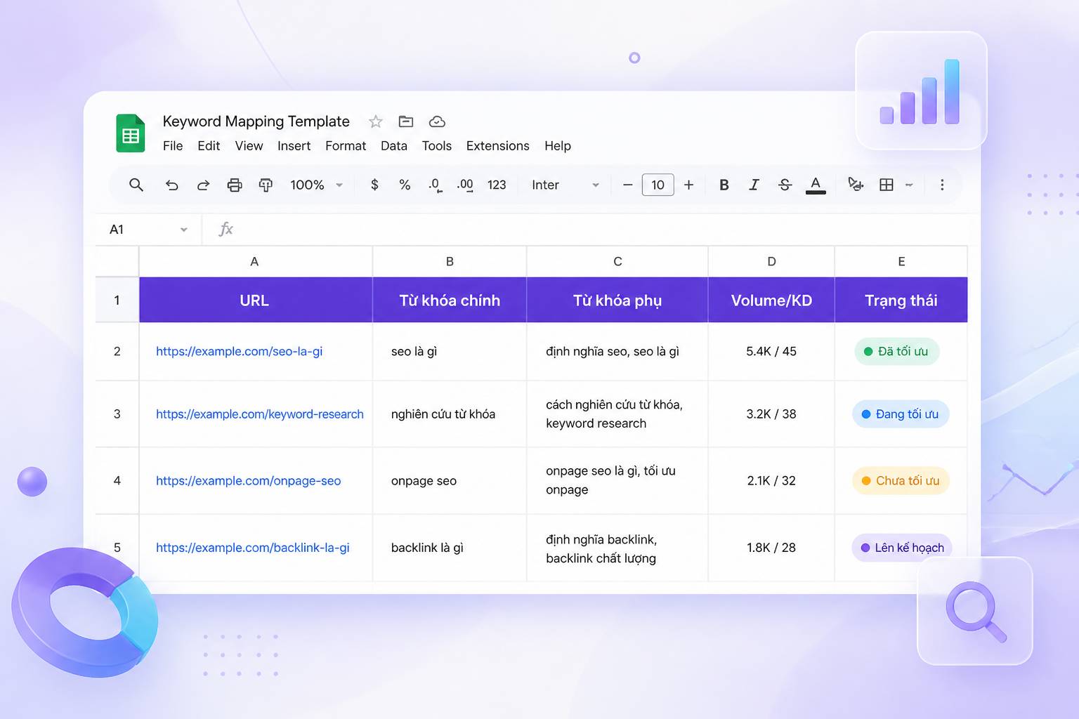 mẫu template keyword mapping Google Sheets cột URL từ khóa trạng thái SEO