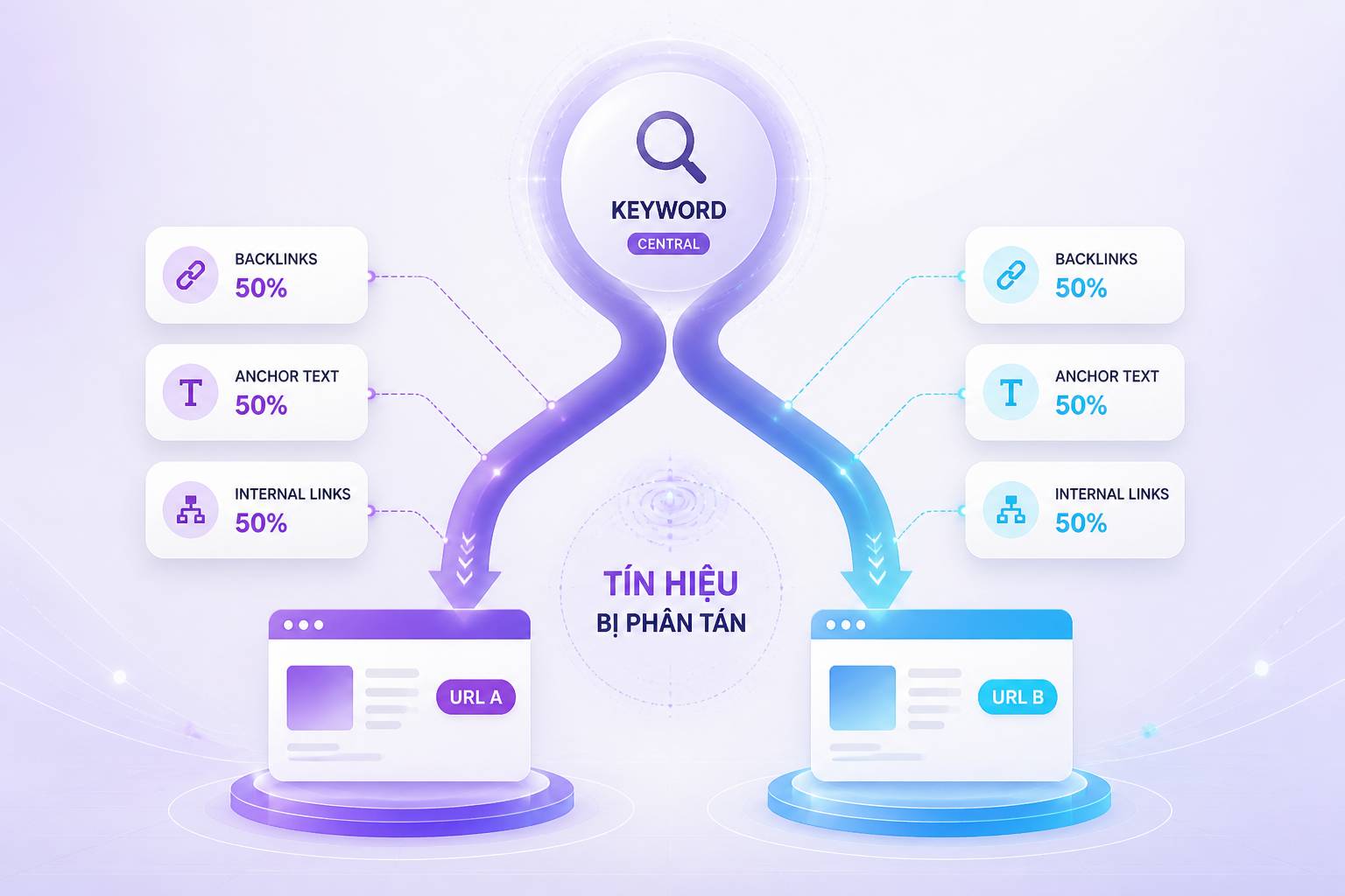 keyword cannibalization tín hiệu xếp hạng bị phân tán backlinks và link juice SEO