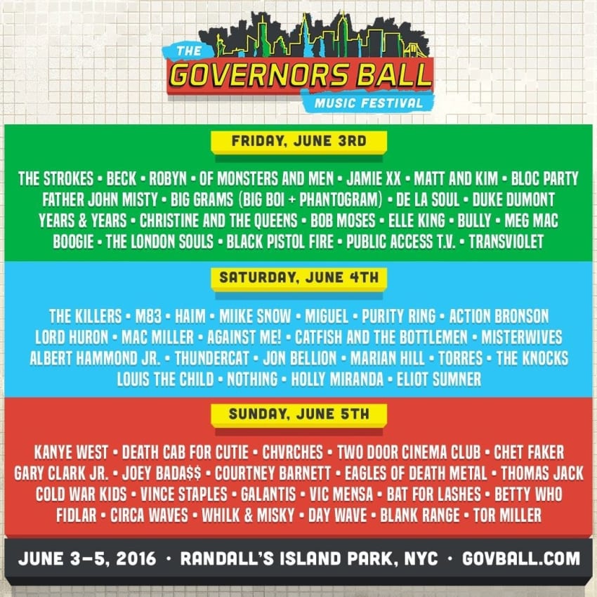Governors Ball Daily Lineups 2016 Poster