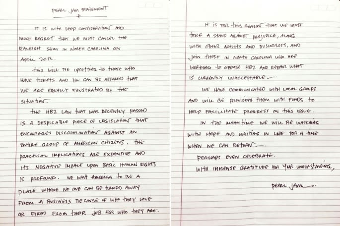 PEarl Jam Statement