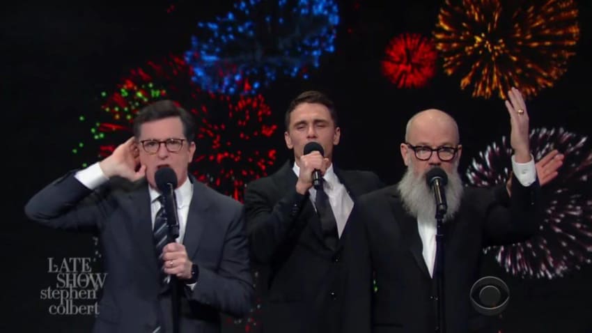 Michael Stipe Performs With James Franco & Stephen Colbert On ‘The Late Show’