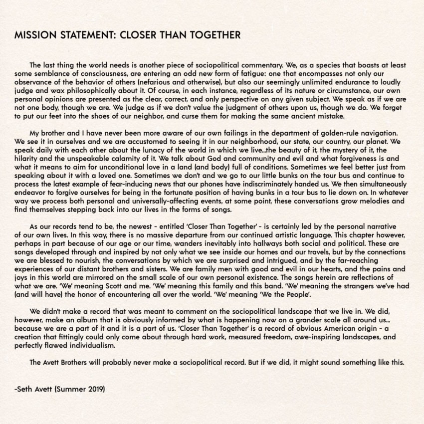 Avett Brothers New Album Statement