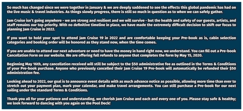 Jam Cruise Statement Hiatus Coronavirus