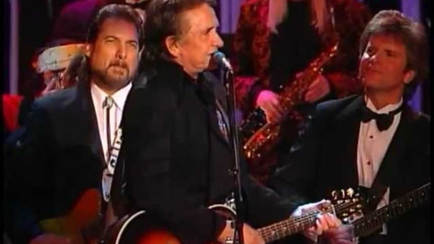 Johnny Cash performs "Big River" at the 1992 Rock & Roll Hall of Fame Induction Ceremony