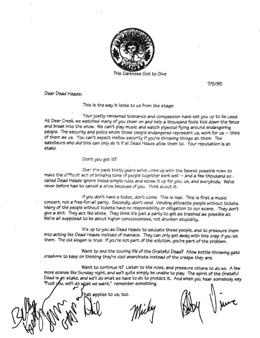 Grateful Dead 7.5.95 Letter To Deadheads