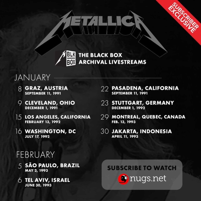 Metallica Black Box Archival Livestreams Schedule
