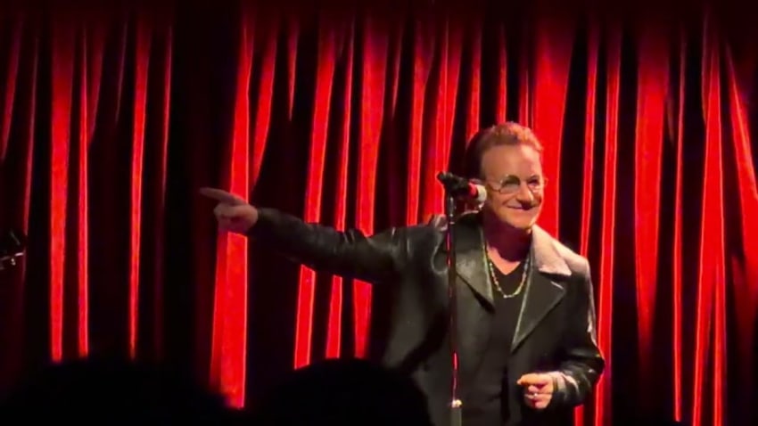 Bono and the Edge of U2 at Cain’s playing Pride (In the Name of Love) into Jesus riff, 10/21/25