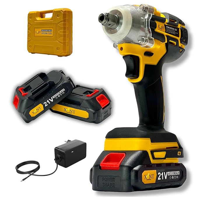 XLNT 21V Heavy Duty Cordless Impact Wrench, 450Nm High Torque, 2x 4000mAh Batteries & Fast Charger, 2 Variable Speeds, Forward/Reverse Switch, LED Light, for Automotive, Construction, Lug Nut Removal