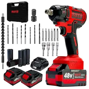 RUTH 4-in-1 Cordless Impact Wrench/Driver Drill, 850Nm, 48V, 2x5Ah Batteries | 1/2" Anvil, Variable Speed, LED | 30-Piece Kit: 5 Impact Sockets, 20 Bits, Fast Charger, Carry Case for Auto & Home Tools