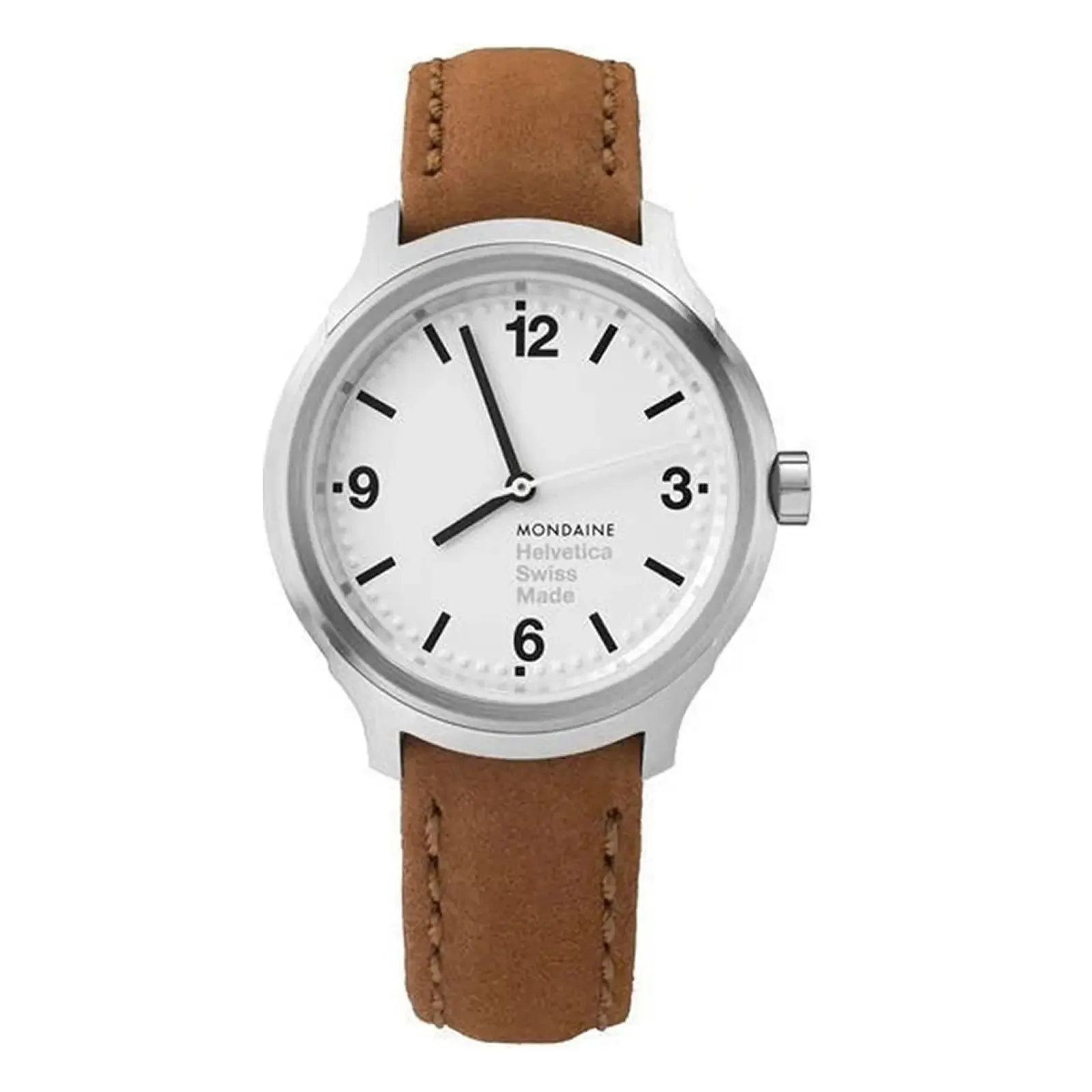 A Mondaine Helvetica watch featuring a silver case, white dial, black hour markers, and a brown leather strap. Swiss made.