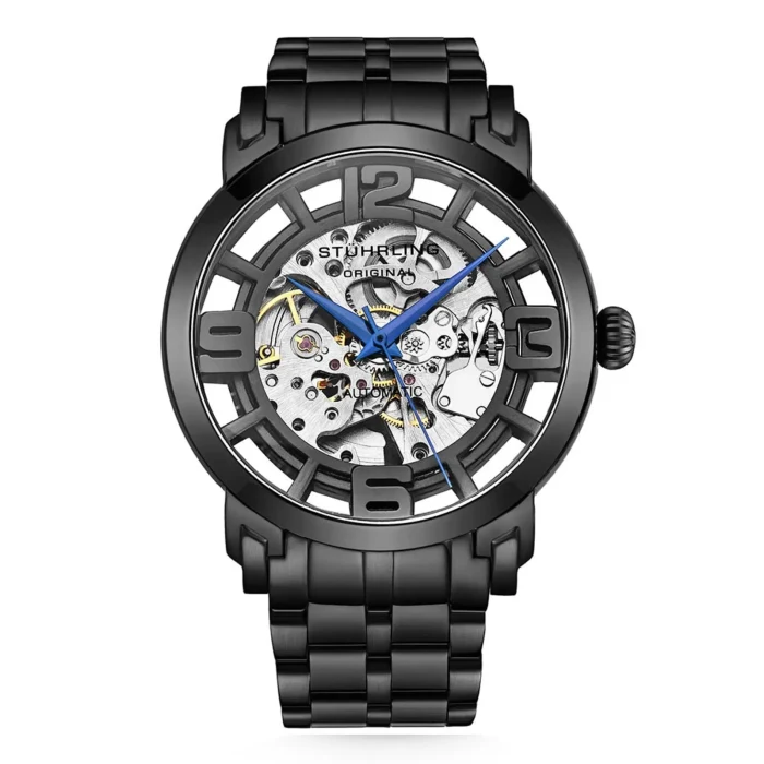 Winchester 3964 Stylish black Stuhrling watch featuring a transparent skeleton dial, blue hands, and bold hour markers on a sleek bracelet.