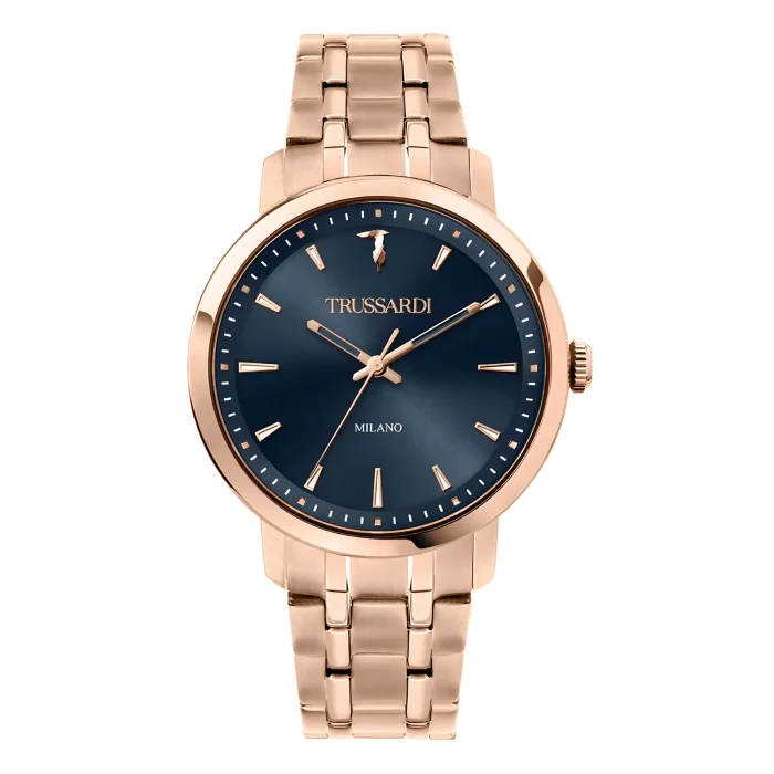 A stylish Trussardi watch with a rose gold stainless steel band, featuring a dark blue dial and minimalist markings.
