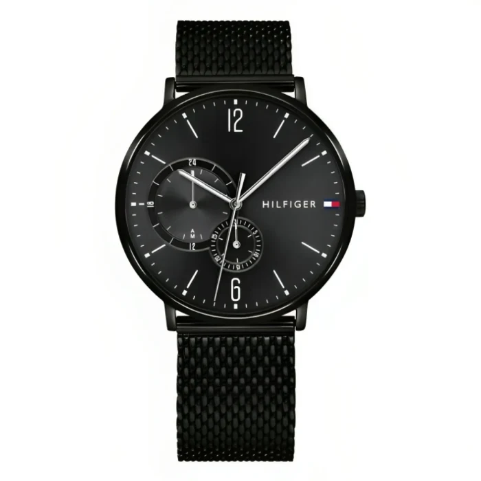 Black, round Tommy Hilfiger watch featuring a sleek design, white hour markers, and a textured black mesh strap.