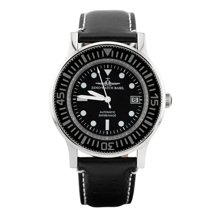 Black leather strap watch with a stainless steel case, black dial, luminous markers, and Swiss automatic movement.
