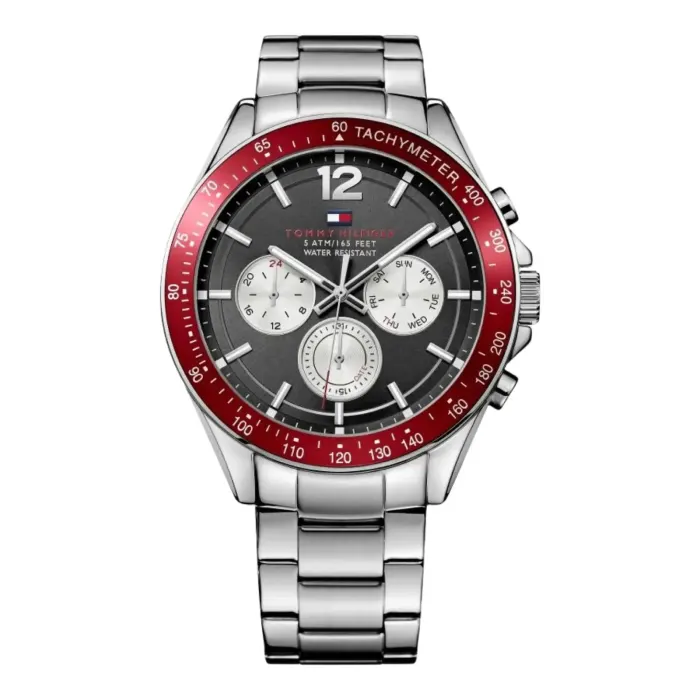 TOMMY HILFIGER 1791122 Tommy Hilfiger men's watch with silver stainless steel band, black dial, red tachymeter bezel, and three subdials for timekeeping.