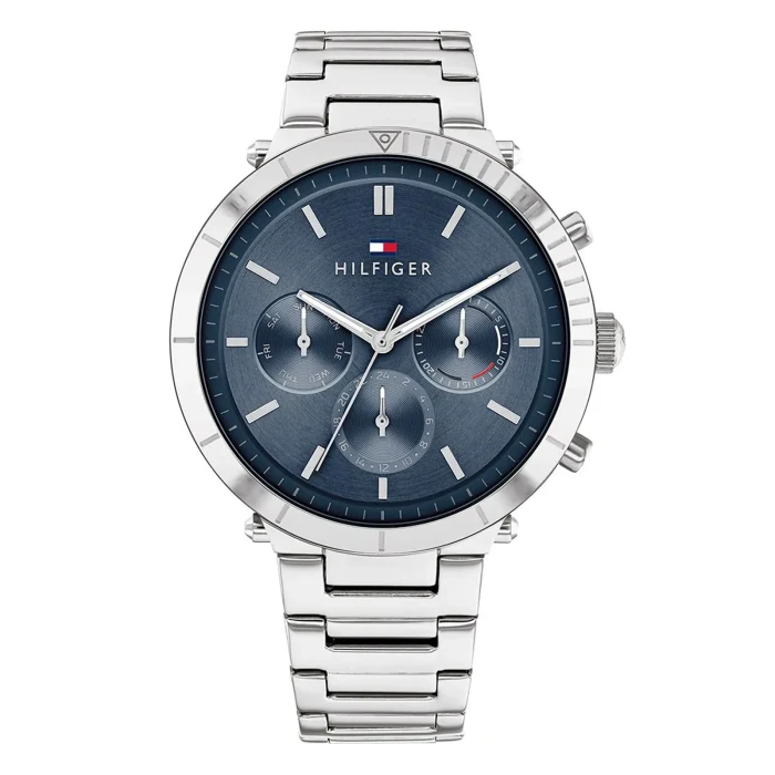 TOMMY HILFIGER 1782349 Silver stainless steel chronograph watch with a blue dial, featuring three sub-dials and the Hilfiger logo at the top.