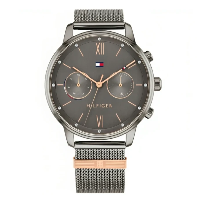 A stylish men's watch with a mesh band, featuring a dark dial and elegant rose gold accents.
