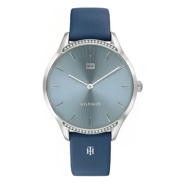TOMMY HILFIGER 1782213 Elegant silver wristwatch with a blue gradient dial, silver hands, and a blue leather strap featuring a logo at the buckle.