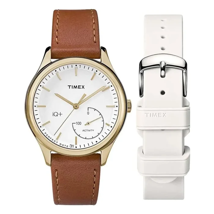 TIMEX TWG013600 Timex iQ+ watch with a gold-tone case, white dial, brown leather strap, and a white interchangeable strap on the side.