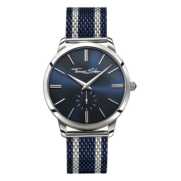 THOMAS SABO WA0268 Silver watch with a blue gradient dial, classic hour markers, and a textured blue strap featuring white stripes.