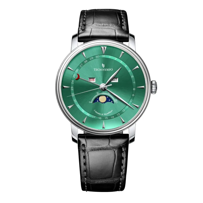 TECHNOTEMPO TT.CMP.G Elegant Tecnobtempo watch with a green dial, featuring day and month indicators, moon phase display, and a black leather strap.