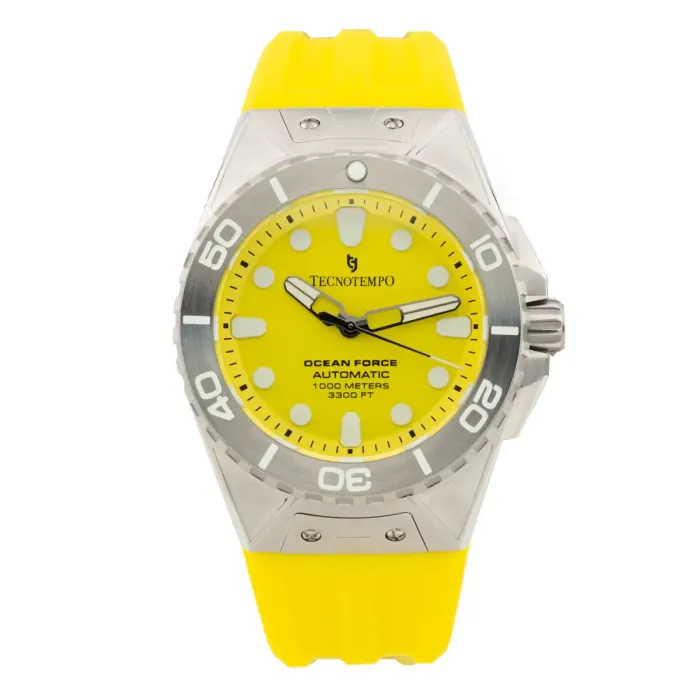 TECHNOTEMPO TT.1000OC.Y-new A bright yellow Tecnotempo Ocean Force automatic watch with a transparent case and silicone strap, showcasing bold black and white hour markers
