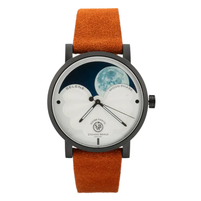 STEFANO BRAGA SELENE3000N-AG-05KRU Stylish watch with a black face featuring a moon phase display and cloud motifs, complemented by an orange suede strap.