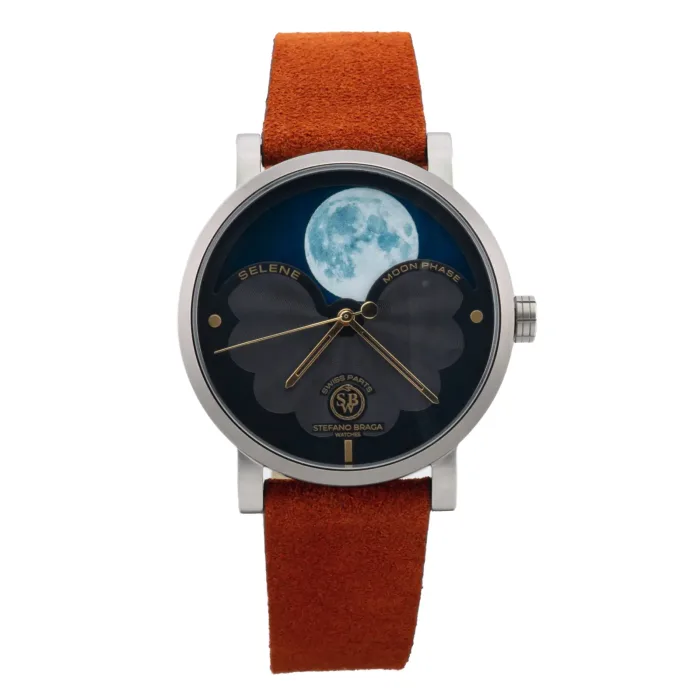STEFANO BRAGA SELENE3000B-NR-05KRU A stylish watch featuring a blue moon phase design, gold hands, and a brown suede strap, labeled "Selene Moon Phase."