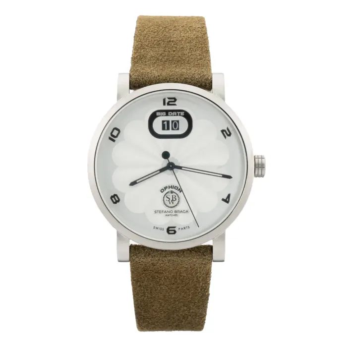 A stylish watch featuring a unique white flower-like dial, big date display, and a brown suede strap, showcasing modern elegance.