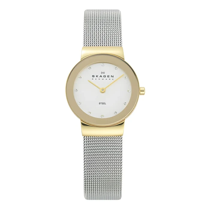 SKAGEN 358SGSCD A stylish Skagen watch featuring a gold-tone case, white dial with crystal markers, and a silver mesh band. Elegant and modern design.
