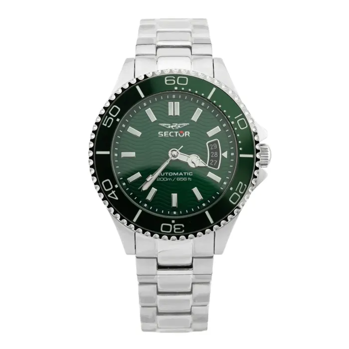 R3223161013 A silver automatic watch with a dark green face, featuring luminous hour markers and a date display, set on a metal bracelet.