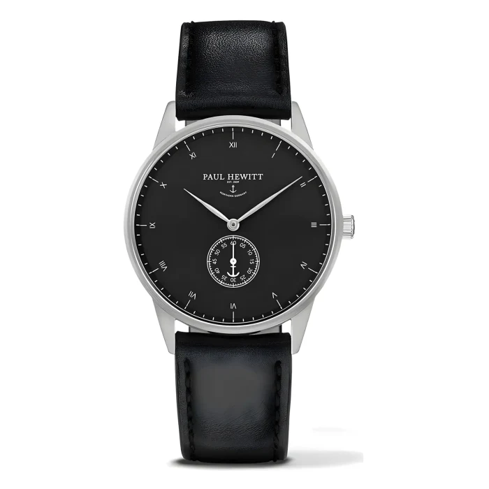 PAUL HEWITT PH004755 Elegant black Paul Hewitt watch with silver accents, featuring a minimalist design and leather strap.
