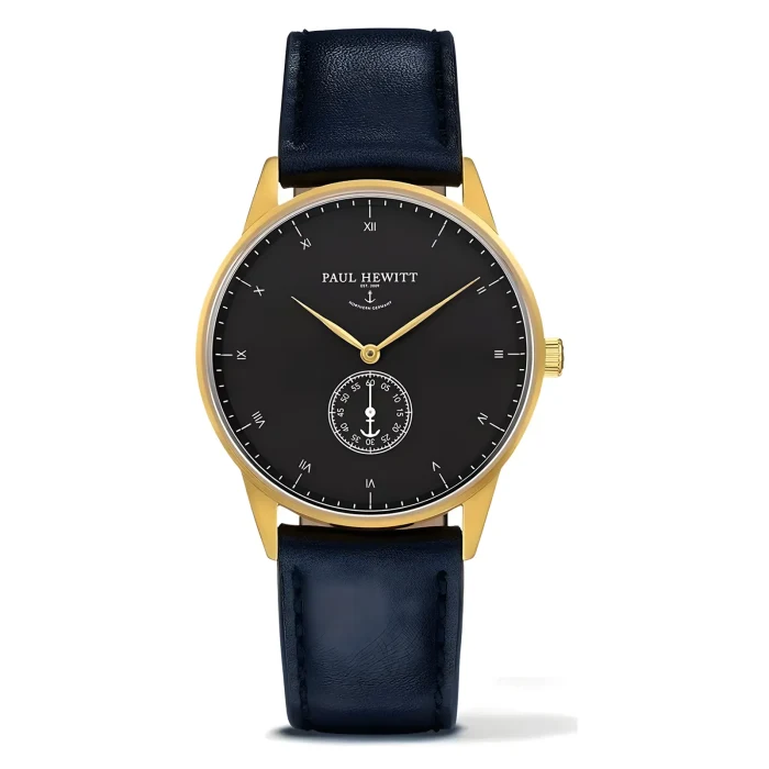 PAUL HEWITT PH-M1-G-B-11S Elegant Paul Hewitt watch featuring a sleek black dial, gold accents, and a navy leather strap. Simple yet sophisticated design.