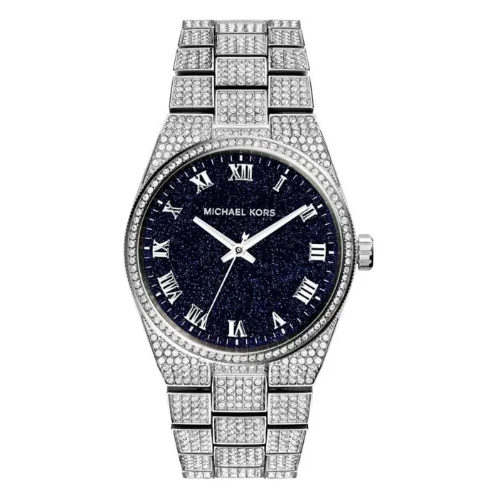 mk6089 A glamorous Michael Kors watch featuring a dark blue sparkling dial, silver Roman numerals, and a sparkling stone-encrusted band.