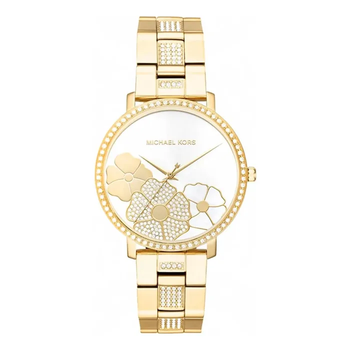 mk3864 Gold Michael Kors watch featuring a floral design with sparkling crystals on the face and bracelet. Elegant and stylish accessory.
