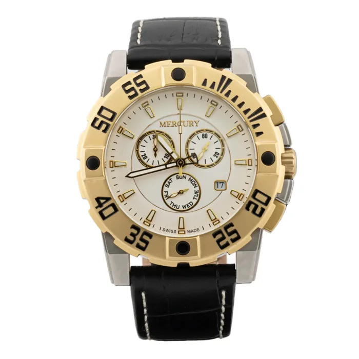 ME10225-SGX-1 Gold and silver Mercury watch with a white face, black leather strap, and multiple dials for day, date, and time.
