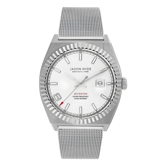 Silver watch by Jason Hyde with a white dial, ribbed bezel, mesh strap, and red accents, featuring water resistance and date display.