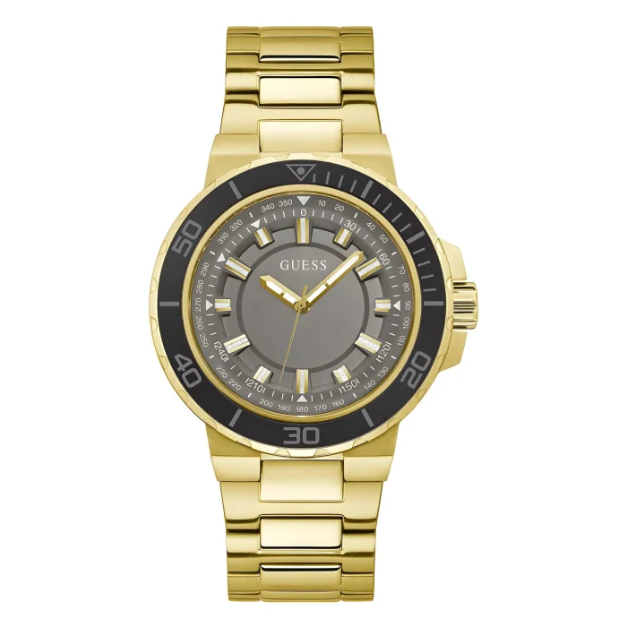 GUESS GW0426G2 Gold Guess watch with a gray dial, black bezel, and stainless steel bracelet, featuring luminous hour markers and hands.