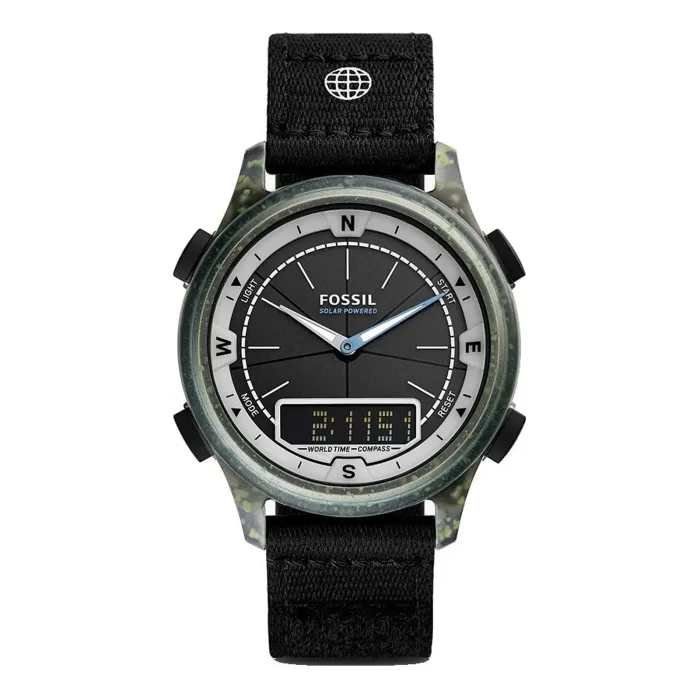 Solar-powered Fossil watch with a black dial, compass markings, and digital display, featured on a textured black strap.