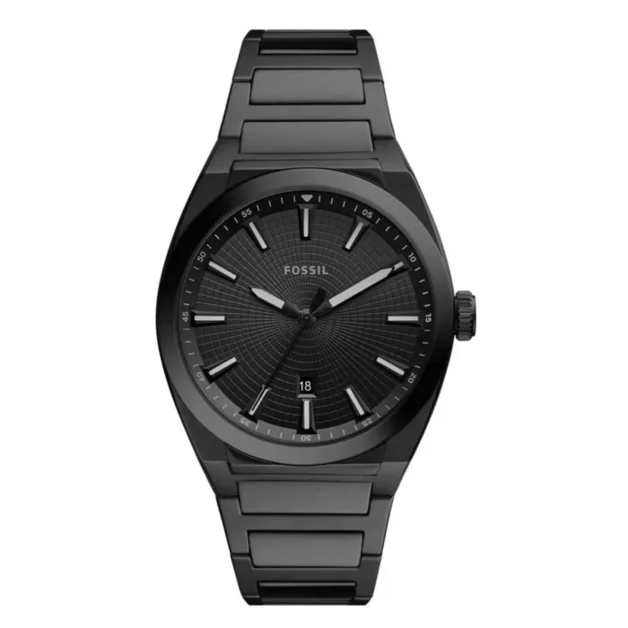 FS5824 Black Fossil watch with a textured dial, sleek hands, and a date display, featuring a matching black metal bracelet.
