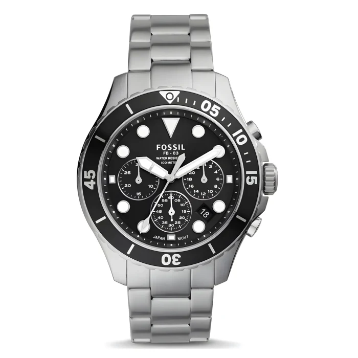 FOSSIL FS5725 A stylish Fossil watch with a black dial, silver stainless steel band, and multiple chronograph subdials, water-resistant up to 100 meters.