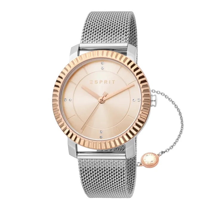 ESPRIT ES1L184M0055 Rose gold and silver Esprit watch with mesh band, features a minimalist face and sparkling accents for a stylish look.
