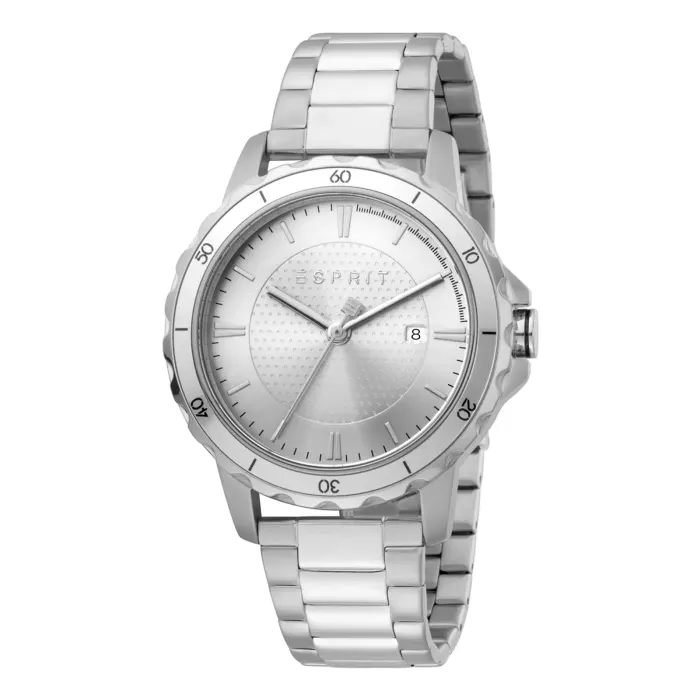 ESPRIT ES1G207M0055 Silver Esprit wristwatch with a textured face, luminous hands, date function, and a sleek metal bracelet.