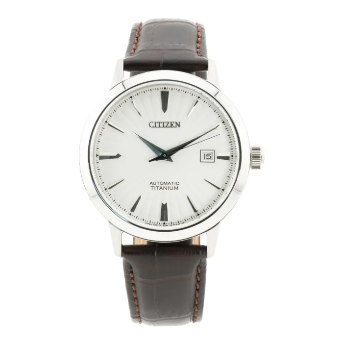 Citizen automatic titanium watch with a silver dial, blue hands, and a brown leather strap, featuring a date display