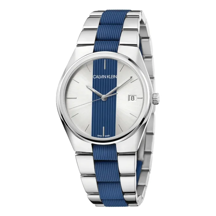 Calvin Klein men's watch featuring a silver dial with blue striped accents, stainless steel case, and blue rubber link bracelet.