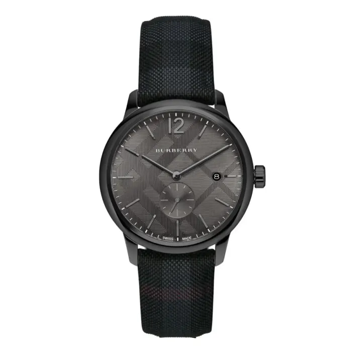 BU10010 A stylish Burberry watch featuring a gray textured dial, black numerals, and a woven black strap, exuding elegance and sophistication.