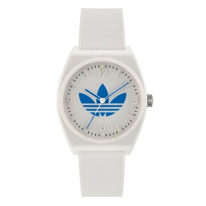 White Adidas watch featuring a blue trefoil logo on a silver dial, with large numeral markers and a white silicone strap.