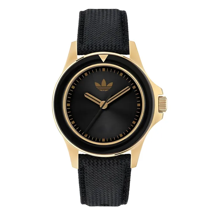 Gold-tone watch with a black dial and Adidas logo, featuring a textured black strap for a stylish, sporty look.