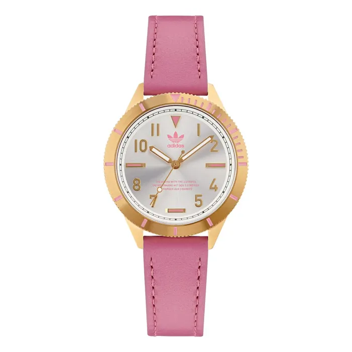 ADIDAS AOFH22509 Gold and pink Adidas watch with a silver dial, featuring hour markers and a stylish pink leather strap.